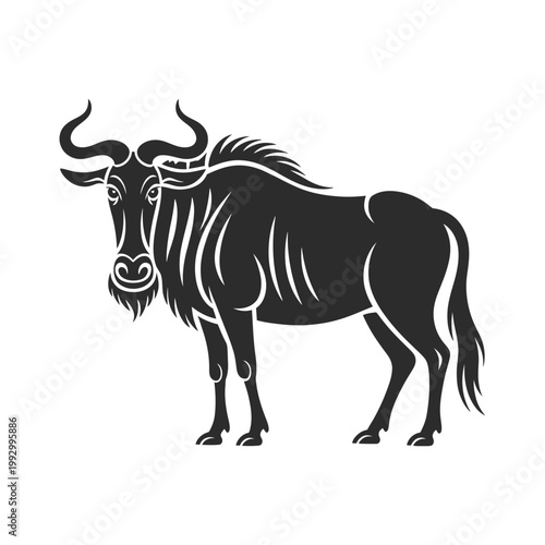 Black and white illustration of a wildebeest standing in profile view