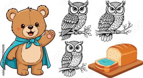 Cute Teddy Bear with Blue Superhero Cape, Detailed Line Art Owls on Branches, and Sliced Bread with Jam on a Wooden Cutting Board