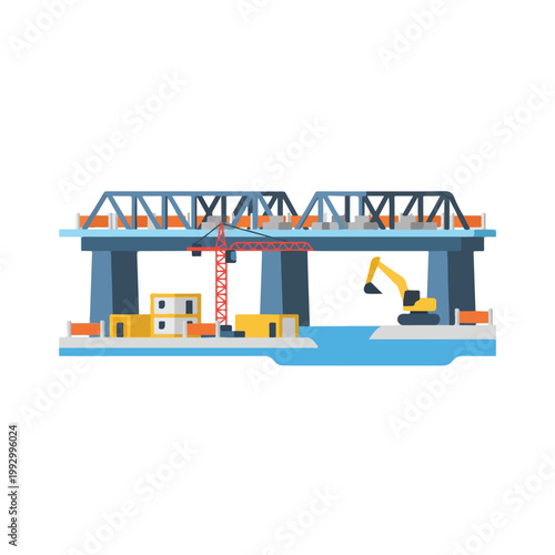 A vector illustration depicts a large bridge under construction, featuring a red crane, a yellow excavator, and onsite temporary offices.