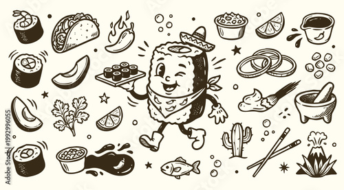 Vintage 1930s Rubber Hose Style Mexican Sushi Mascot and Doodle Set