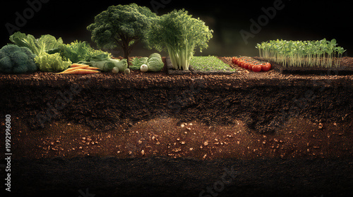 Cross section landscape showing fertile soil layers beneath thriving crops and vegetables. Sustainable farming, soil biology, compost enrichment and regenerative agriculture concept.
