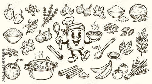 Vintage 1930s Rubber Hose Style Caribbean Soup Mascot and Tropical Ingredients Doodle Set