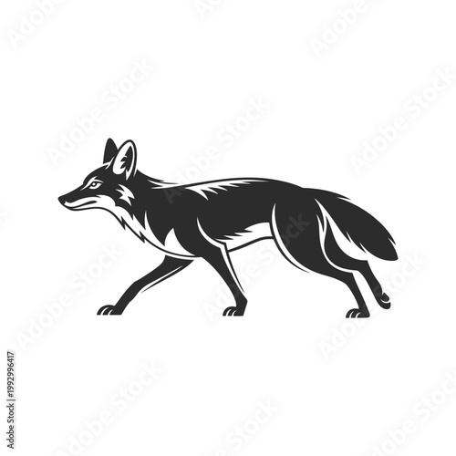 A sleek black and white illustration of a fox in motion