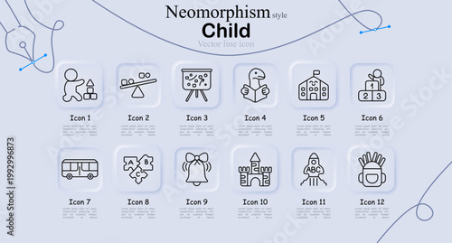 Child set icon. Playing child, balance toy, board teaching, reading book, school building, podium winner, bus transport, puzzle pieces, bell ring, castle toy, rocket abc, creative play line icons