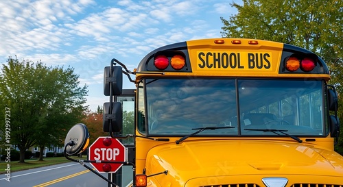 Bright yellow school bus on a road with a stop sign