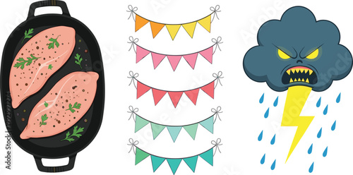 Grilled Seasoned Chicken Breast in Skillet with Colorful Party Bunting Flags and Angry Thunderstorm Cloud with Lightning Bolt Vector Illustration