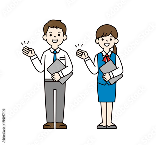 パソコンを持って笑顔で案内・紹介する、サラリーマンと事務員の全身ベクターイラスト素材セット