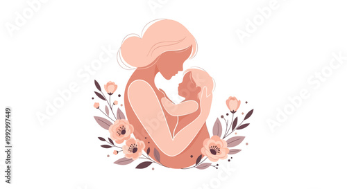 Stylized illustration celebrating Mother’s Day, featuring a mother tenderly holding her baby against a clean white background, surrounded by a delicate floral arrangement with soft, pastel