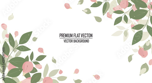 Pastel-toned vector illustration of leaves and blossoms for Mother’s Day (US & global) against a white backdrop, artistically arranged to create a soft, delicate floral border with a flat