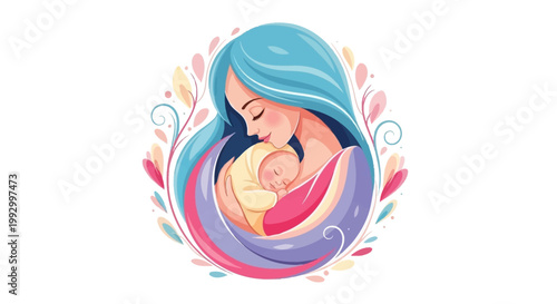 Celebrating Mother’s Day, a serene illustration depicts a mother with flowing blue hair tenderly cradling her sleeping baby in a loving embrace, set against a white background with delicate