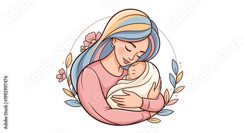 A heartwarming Mother’s Day illustration shows a mother tenderly cradling her newborn baby, depicted in a soft, pastel color palette with floral accents and a delicate linework style, set