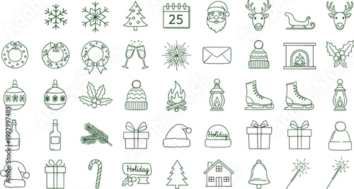 Christmas and Winter Holiday Thin Line Icon Set with Snowflakes Gifts Santa Reindeer Decorations Calendar and Festive Elements Vector Collection