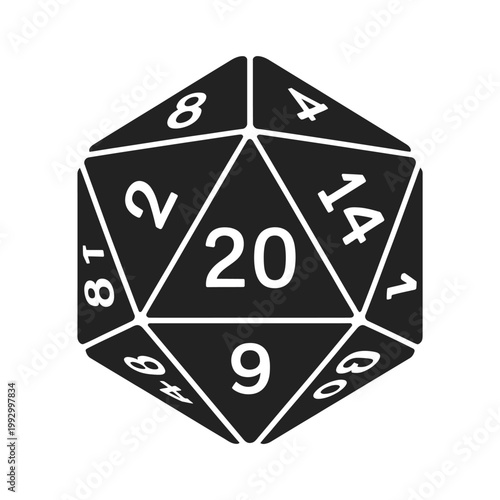A black d20 die with visible numbers on each of its twenty faces