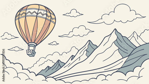 Whimsical hot air balloon floats serenely above majestic mountain peaks surrounded by soft clouds.
