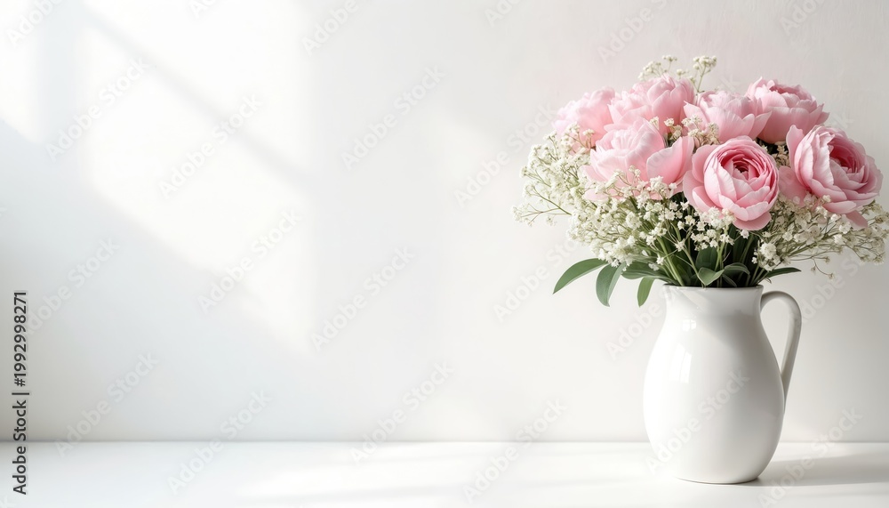 Fototapeta premium Soft pink peonies and baby breath flowers fill a white pitcher. Light streams across a plain white wall and surface. Gentle floral arrangement brings calm interior decor to any space.
