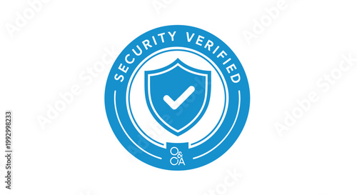 Security verified badge, blue shield icon, checkmark symbol, security seal, verification logo