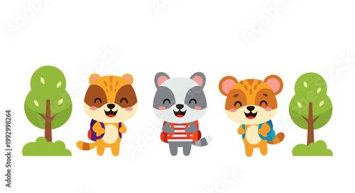 Adorable cartoon animals wearing backpacks and standing with simple green trees on a white background with happy expressions and bright playful colors.