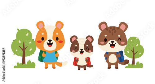 Three adorable cartoon animals wearing backpacks and standing in front of simple green trees with happy expressions, isolated on a white background with bright playful colors.