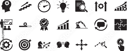 Improvement icon set with clean line style showing progress upgrade optimization success design
