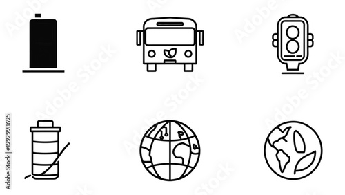 Eco-Friendly Icons: A collection of minimalist line icons representing environmentally conscious concepts, including a bus and earth symbols.