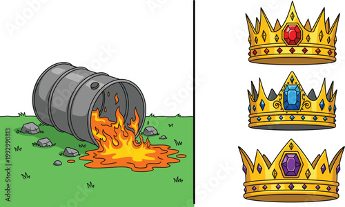 Industrial Hazard Metal Barrel with Spilling Fire on Grass and Royal Gold Crowns with Red Blue and Purple Jewels Vector Illustration Collection