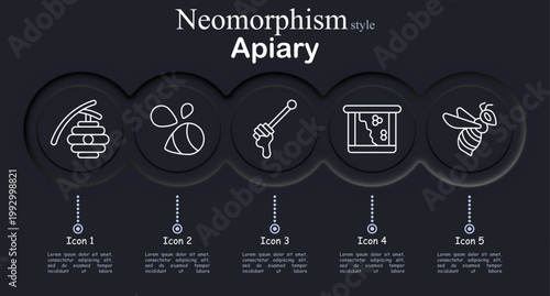Apiary set icon. Beehive honey house, flying bee insect, honey dipper stick, honeycomb frame, wasp insect, beekeeping agriculture, honey production.