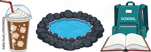 Iced Coffee with Whipped Cream and Straw beside Decorative Garden Stone Pond and Teal School Backpack with Open Textbook Vector Illustration Set