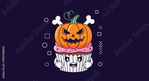 Spooky halloween cupcake character featuring a mean jack-o-lantern pumpkin topper and crossed bones on a dark purple background.