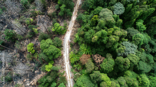 Top down drone image of forest firebreak line separating dense trees and cleared land. Wildfire control, aerial monitoring and sustainable forestry management concept.