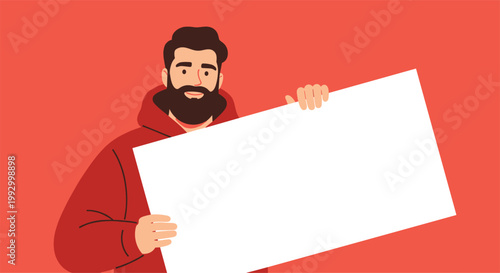 Hipster bearded man wearing a red hoodie while holding a large blank horizontal white sign for custom text or advertising.