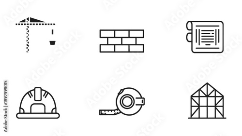 Construction Icons: A collection of essential icons related to construction, including a crane, bricks, blueprints, helmet, measuring tape, and a house frame, perfect for design resources. 