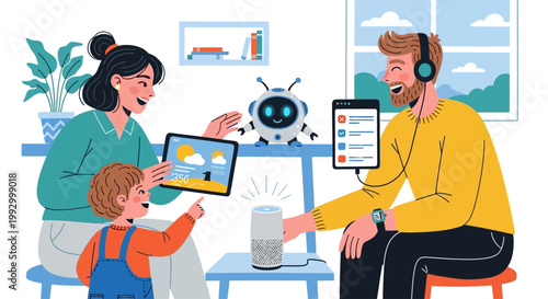 Family using smart home devices and tablets