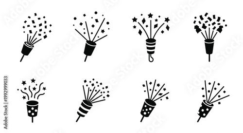Black and white illustration of party poppers exploding with confetti and stars