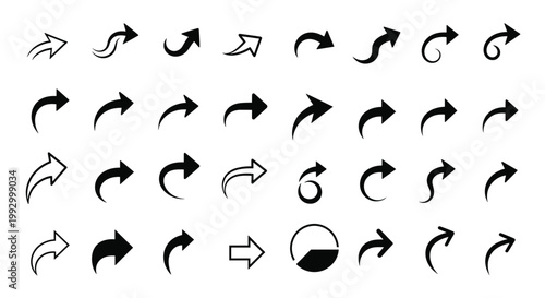 Large collection of diverse black arrow icons showing different directions, curves, and styles for navigation and design.