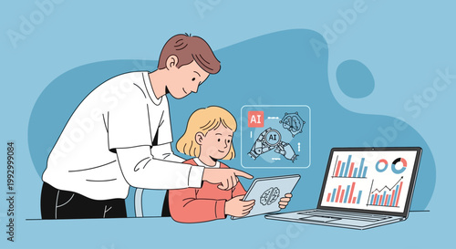 Father and daughter analyzing data on laptop