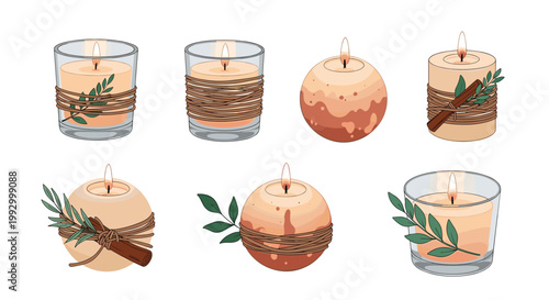 Set of decorative scented candles in glass jars and round shapes decorated with twine, cinnamon sticks, and green leaves.