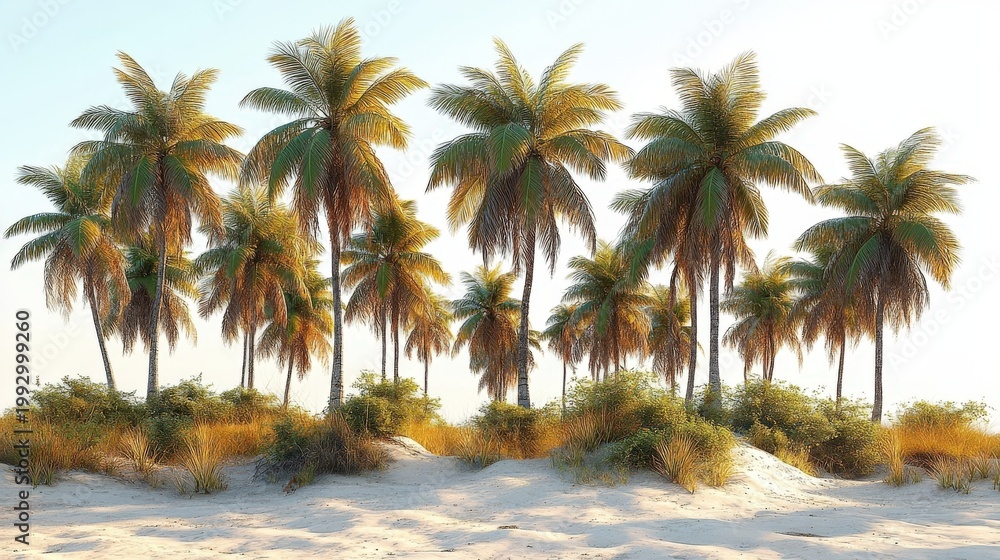 Obraz premium Tropical Beach Scene With Diverse Palm Trees And Lush Greenery Under A Bright Sunny Sky