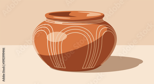 Traditional orange clay pot or ceramic jar with white arched patterns and decorative details on a light background.