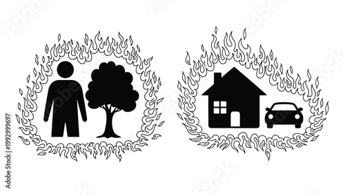 Black and white graphic featuring figures tree house and flames silhouette