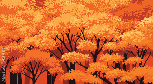 Dense canopy of an autumn forest filled with vibrant orange and yellow leaves glowing under a bright sunny afternoon.