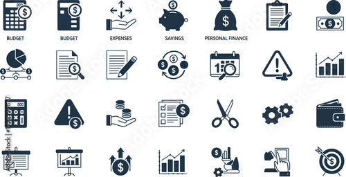Finance and Budget Management Icons Set with Savings Expenses Investment Growth Personal Finance and Accounting Symbols Vector Collection