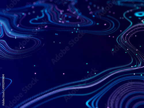 Abstract dark blue background with dynamic glowing lines of interconnected digital particles.