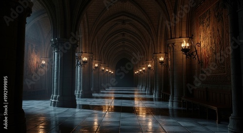 Dark and Mysterious Hallway with Ornate Architecture and Lighting.