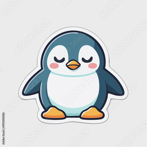 Cute cartoon penguin with closed eyes and rosy cheeks