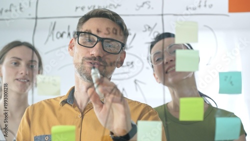Fotografie Business colleagues planning strategy, writing notes on glass wall, collaboratin
