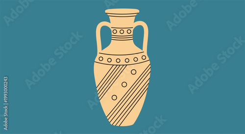 Classical ancient Greek amphora vase with decorative patterns and handles depicted in a flat style on a dark blue background.