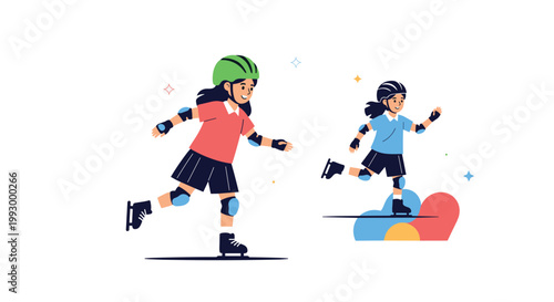 Two young girls in helmets and protective gear happily rollerblading or skating together on a bright white background with stars.