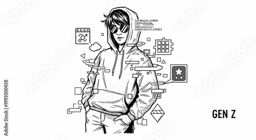 Gen Z teenager with smartphone and social media icons