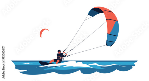 Energetic man kitesurfing on blue ocean waves with a large red and blue kite against a white background with a small sun icon.