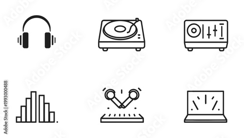 Music Elements Icon Set: A collection of streamlined icons representing essential tools and symbols within the music production and DJing realm.